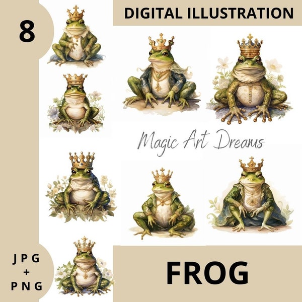 Fairy Tale Frog Clipart Bundle aquarelle PNG + JPG fichiers, impression numérique, ensemble d’illustrations de grenouille royale, autocollants crapaud, Scrapbook Junk Journal