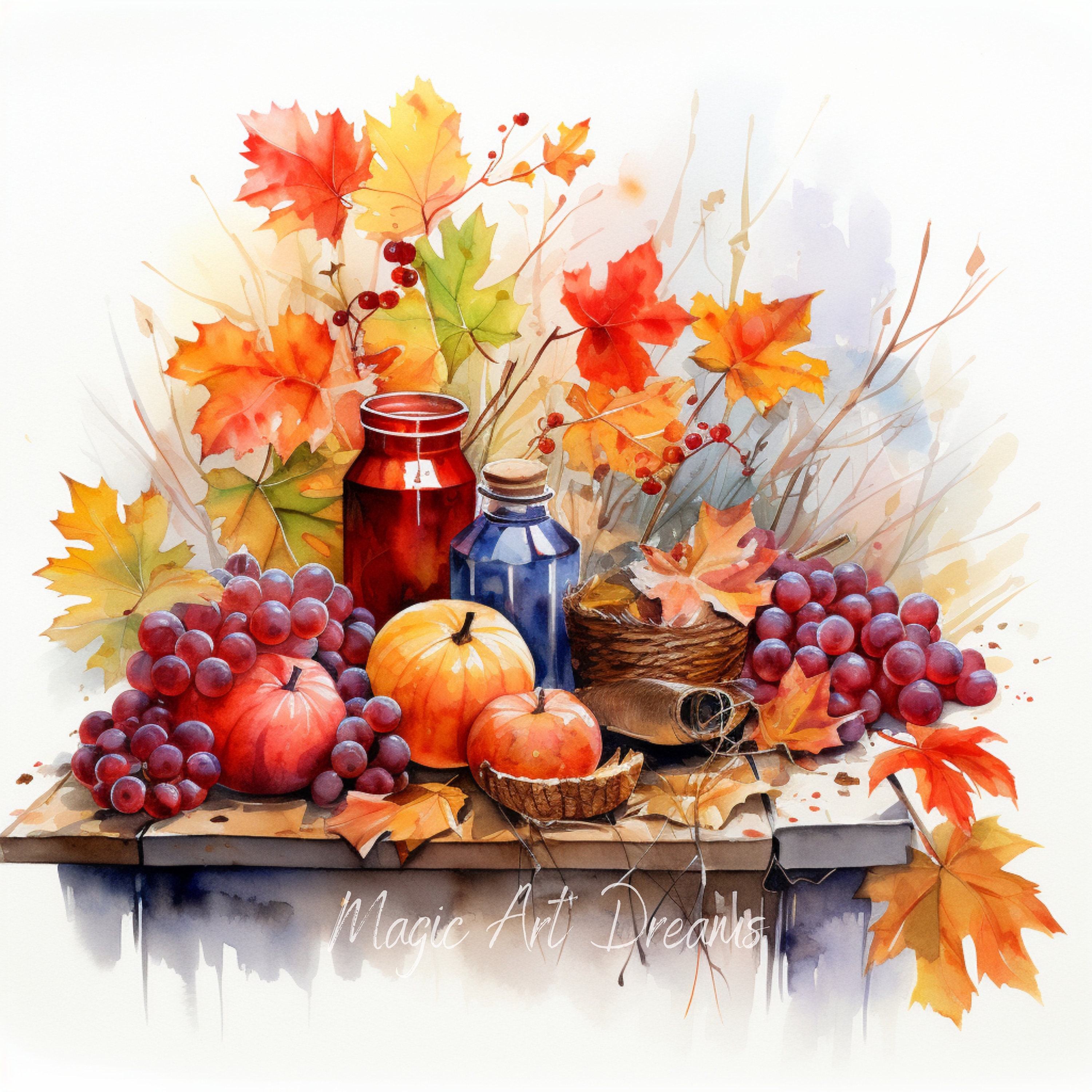 Watercolor Autumn Still Life With Pumpkin, Grapes and Apples Clipart ...