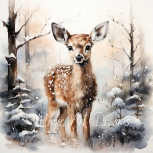 May include: Watercolor painting of a young deer in a snowy forest. The deer has brown fur with white spots and is surrounded by snow-covered trees and bushes. The text "Magic Art Dreams" is visible.