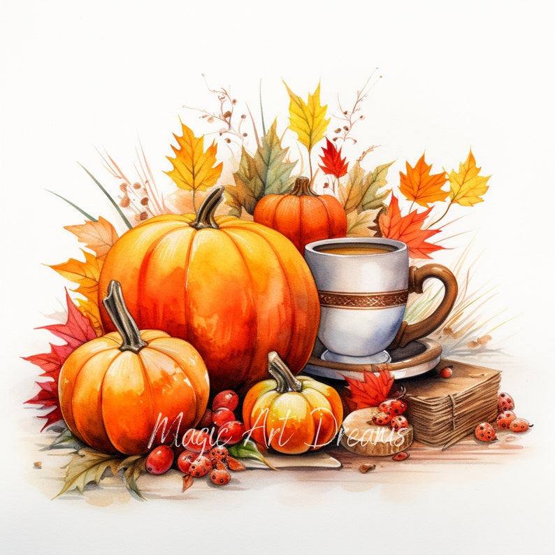 Watercolor Autumn Still Life With Pumpkin, Cup of Coffee, Grapes and ...