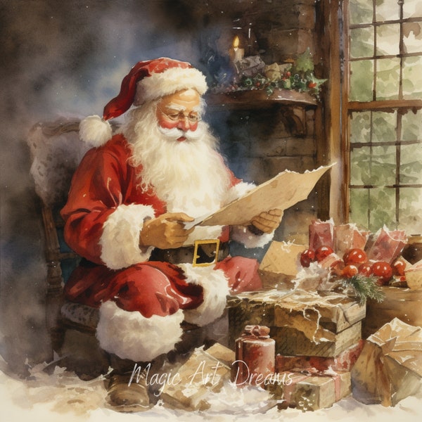 Weihnachten Weihnachtsmann liest Briefe, Aquarell Clipart, Buchverschrottung, 12 hochwertige JPG, kommerzielle Nutzung, digitaler Download