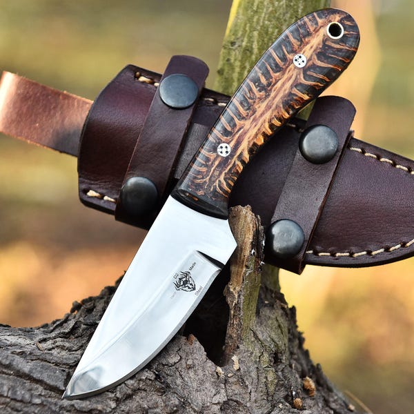 Puede incluir: Un cuchillo de caza de acero inoxidable con mango de madera y funda de cuero. La hoja del cuchillo es brillante y tiene un logotipo. El mango es marrón y beige. La funda es de color marrón oscuro y tiene una correa con un broche.