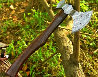 Handmade Damascus Outdoor Axe: Rosewood Handle, Camping Gift