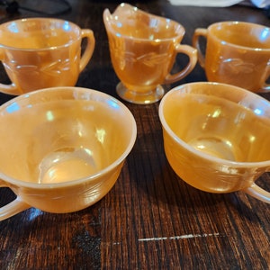 Vintage Fire King Peach Luster Laurel Leaf Creamer, Sugar, & 2 cups