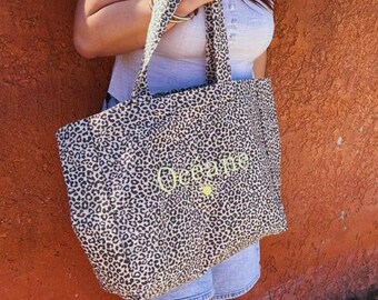 XXL tote bag embroidered with name | Leopard