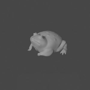 May include: A 3D printed model of a frog with a bumpy texture. The frog is in a sitting position with its legs outstretched.