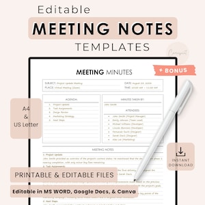 Modello di verbale di riunione, modello di note di riunione, ordine del giorno di riunione di progetto, semplice pianificatore di note di riunione, Word, Google Docs, Canva stampabile