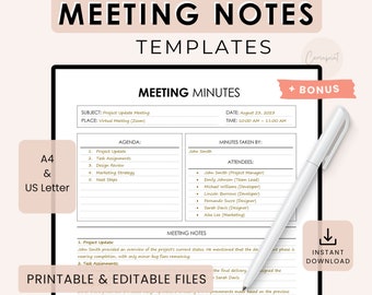 Meeting Minutes Template | Meeting Notes Template | Project Meeting Agenda | Simple Meeting Note Planner, Word, Google Docs, Canva Printable