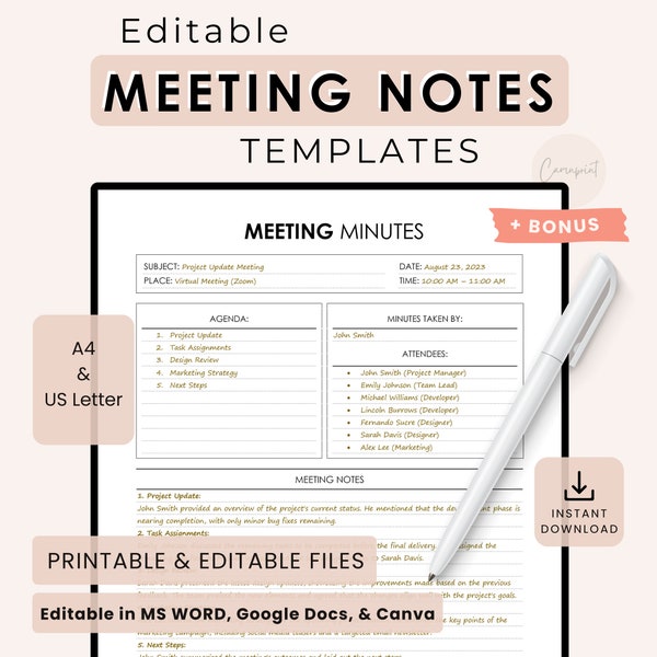 Meeting Minutes Template | Meeting Notes Template | Project Meeting Agenda | Simple Meeting Note Planner, Word, Google Docs, Canva Printable