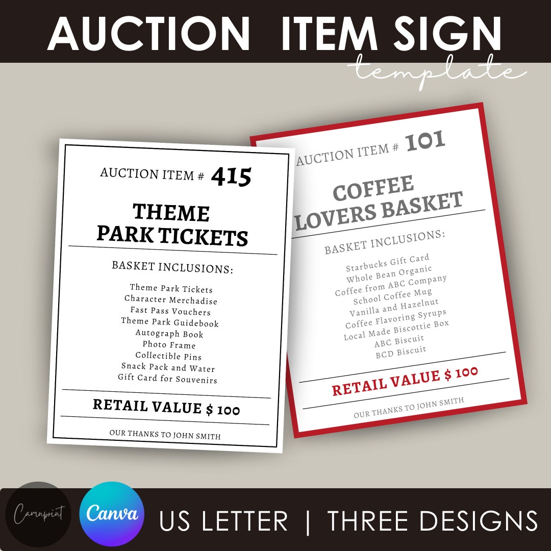 Editable Silent Auction Item Description Sheet, Auction Info Sheet ...