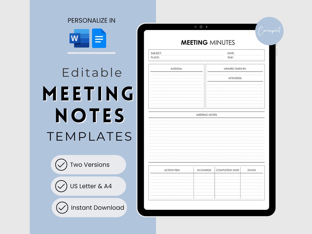 Meeting Minutes Template | Meeting Notes Template | Project Meeting