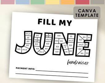 Fill My Month June Fundraiser Black Out Board, June Calendar Fundraiser Template Editable Canva Template, Pick a Date To Donate Fundraiser