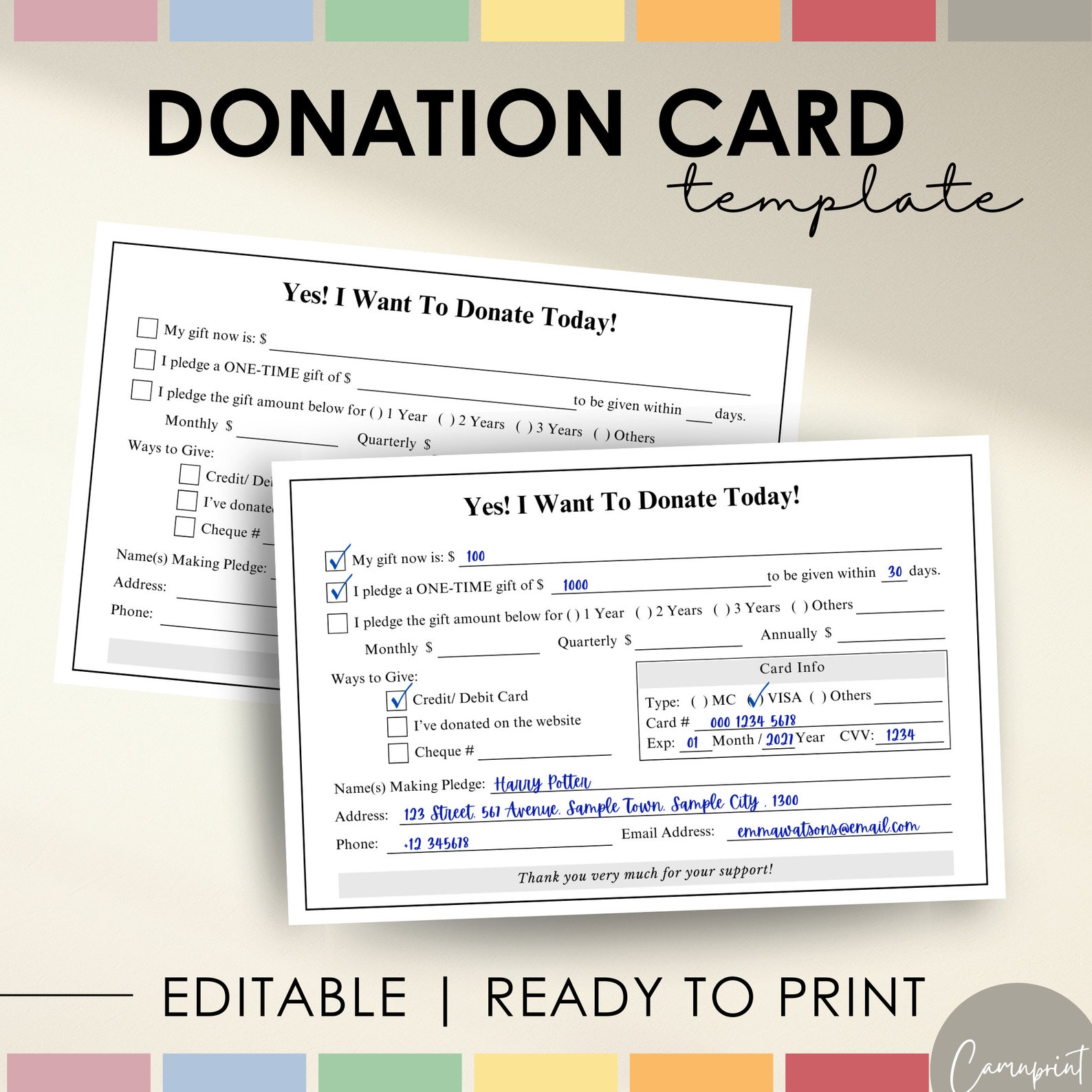 Editable Donation Card Printable Pledge Form, Donation Form, Donation Editable Donation Card Printable Pledge Form, Donation Form, Donation