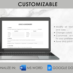 May include: A customizable lease agreement template displayed on a laptop screen. The template includes sections for parties, premise, and lease term. The text on the screen reads "CUSTOMIZABLE" and "LEASE AGREEMENT".