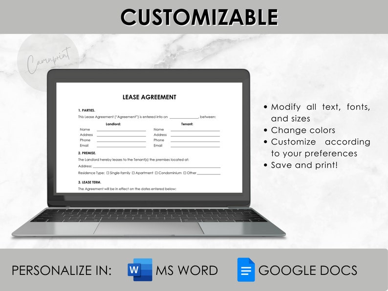 May include: A customizable lease agreement template displayed on a laptop screen. The template includes sections for parties, premise, and lease term. The text on the screen reads "CUSTOMIZABLE" and "LEASE AGREEMENT".