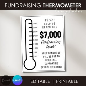May include: Black and white printable fundraising thermometer template with a thermometer graphic and the text "PLEASE HELP US REACH OUR $7,000 Fundraising Goal! YOUR DONATIONS WILL BE PUT TO GOOD USE, SUPPORTING SCHOOL PROGRAMS!"