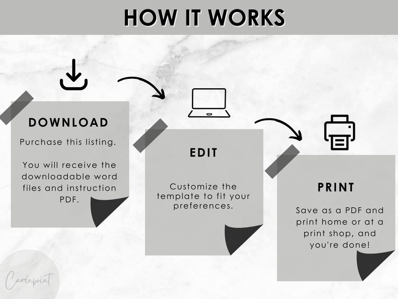 May include: How it works: Download, edit, and print a digital template.  The image shows a download icon, a laptop, and a printer.