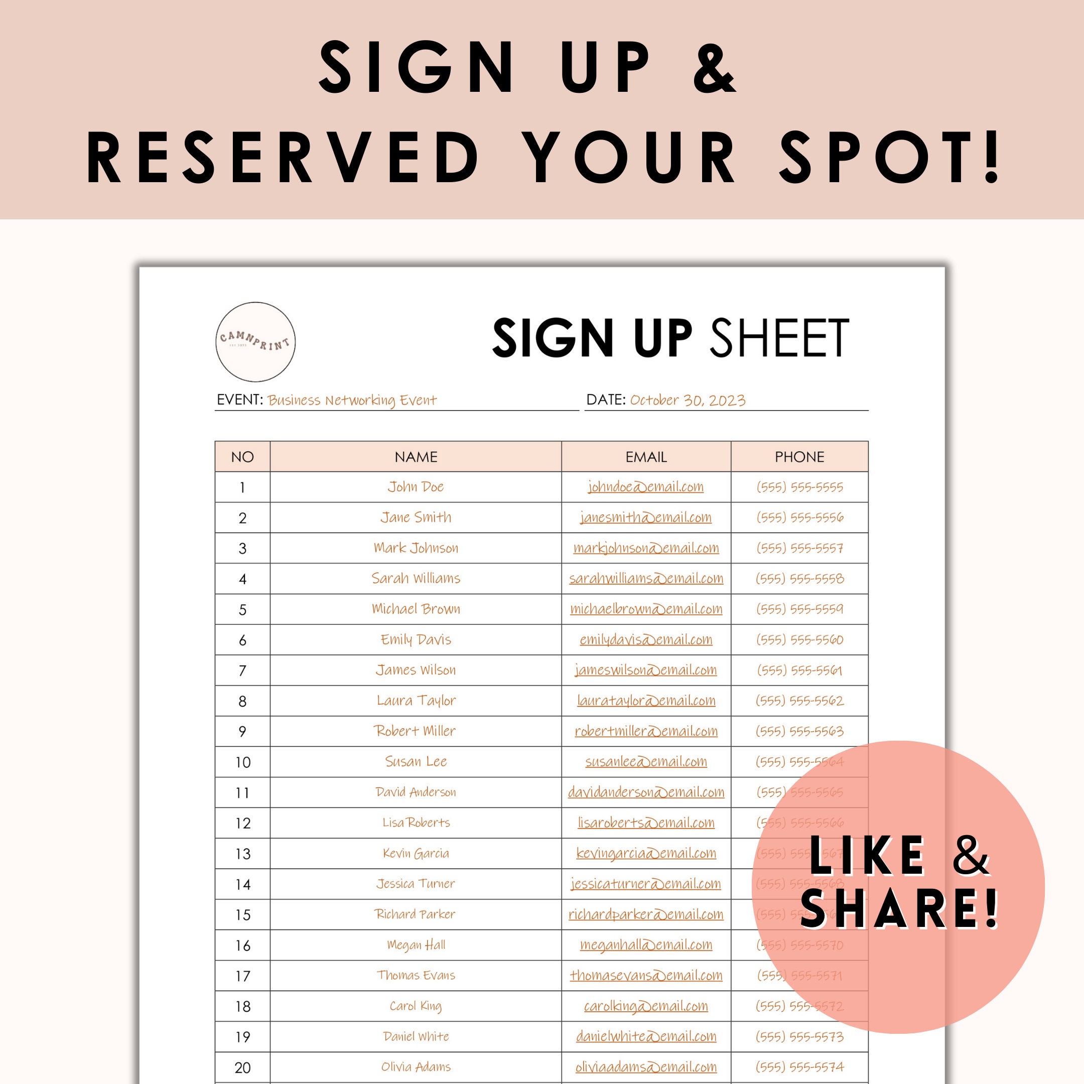 Editable Sign up Sheet Template, Sign up Sheet, Printable Sign up Form ...