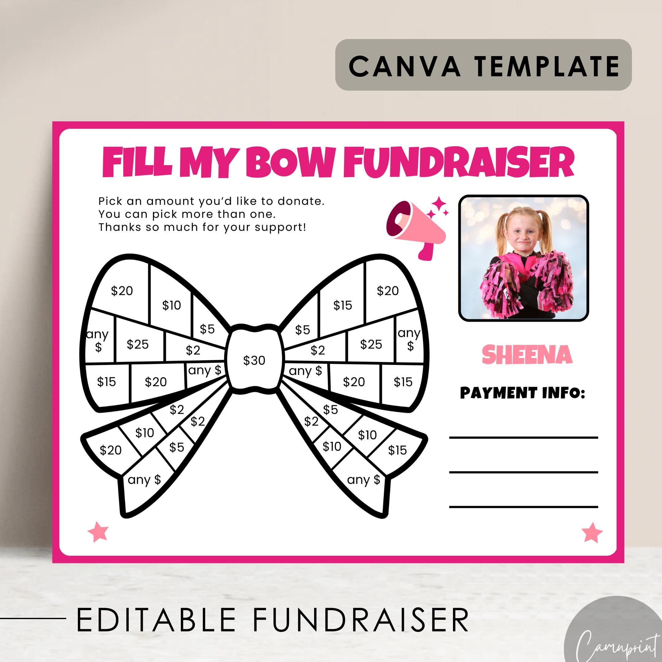 Cheer Fundraiser Fill My Bow Fundraiser Form for Cheerleading Sponsor My Season, Cheer Bow Fundraiser Template, Editable Fundraiser in Canva