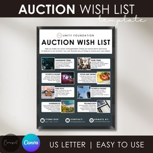 Auktions-Wunschliste für Stille Auktion Live-Auktion Fundraiser Spendenanfrage Flyer für Schulauktions-Anzeigenschild Canva Auktions-Vorlage