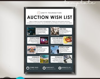 Auction Wish List for Silent Auction Live Auction Fundraiser Donation Request Flyer for School Auction Display Sign Canva Auction Template