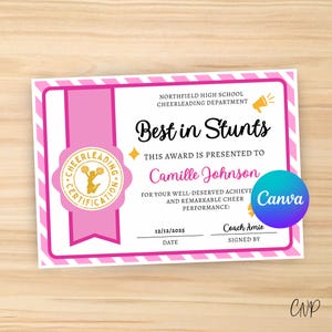 Redigerbart cheerleading-utmärkelsecertifikat, cheerleading-utmärkelser, anpassat certifikat, Canva-mall, 5 färger: rosa, lila, röd, grön, blå