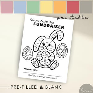 Puede incluir: Un modelo de recaudación de fondos de Pascua con un conejito de Pascua en blanco y negro sosteniendo un huevo. El conejito está rodeado de huevos más pequeños con cantidades en dólares escritas en ellos. El texto "Fill my Easter Fun FUNDRAISER" está en la parte superior de la página. El texto "PRE-FILLED & BLANK" está en la parte inferior de la página.