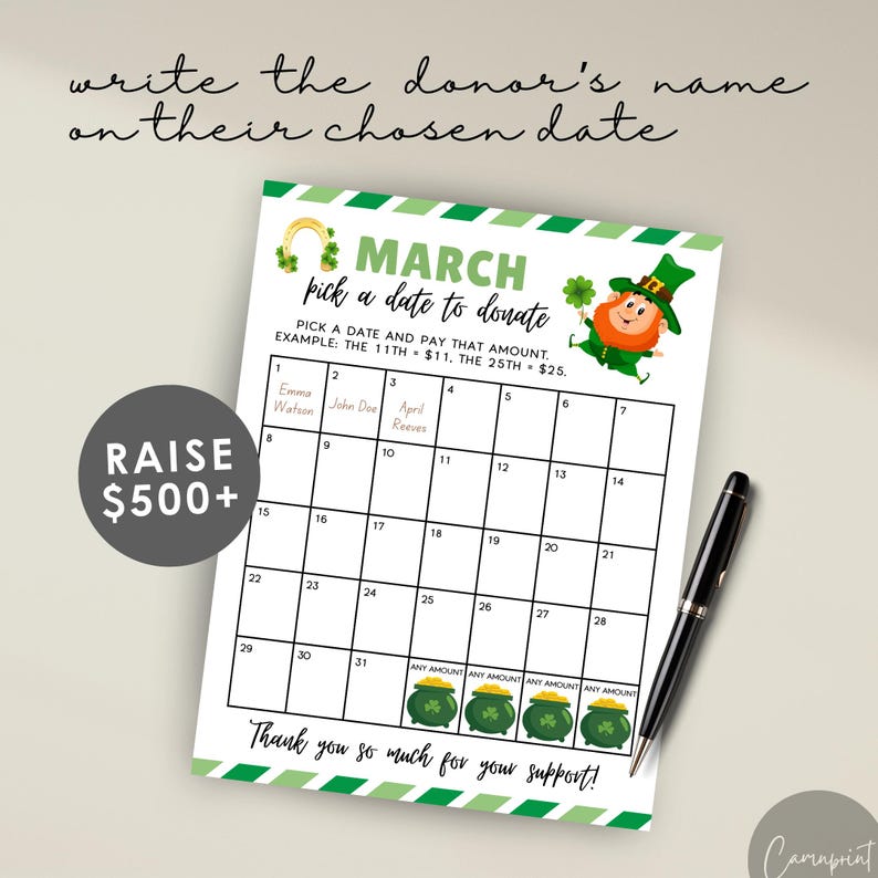 Calendar Fundraiser for March Fundraiser, St. Patrick’s Day Fundraiser ...