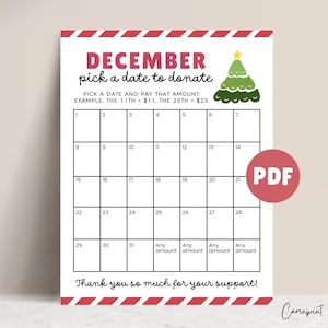 Raccolta fondi con calendario per raccolta fondi di Natale, raccolta fondi di squadra, dicembre: scegli una data per donare, raccolta fondi con calendario di Natale stampabile in PDF