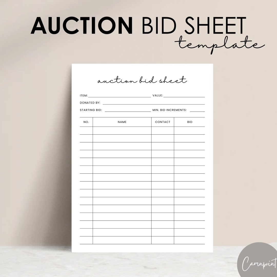 Editable Silent Auction Bid Sheet, Silent Auction Sign up Sheet