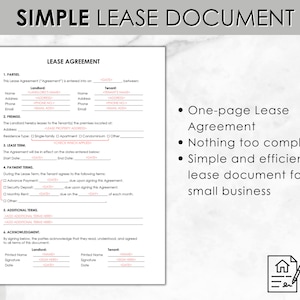 May include: A simple lease agreement document template for small businesses. The document includes sections for parties, premise, lease term, payment terms, additional terms, and acknowledgment. The document is designed to be easy to use and understand.