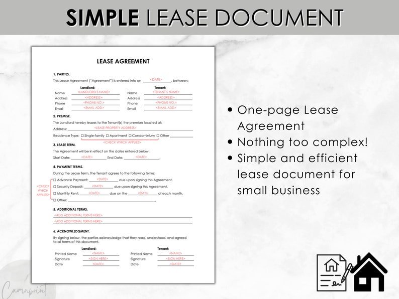 May include: A simple lease agreement document template for small businesses. The document includes sections for parties, premise, lease term, payment terms, additional terms, and acknowledgment. The document is designed to be easy to use and understand.