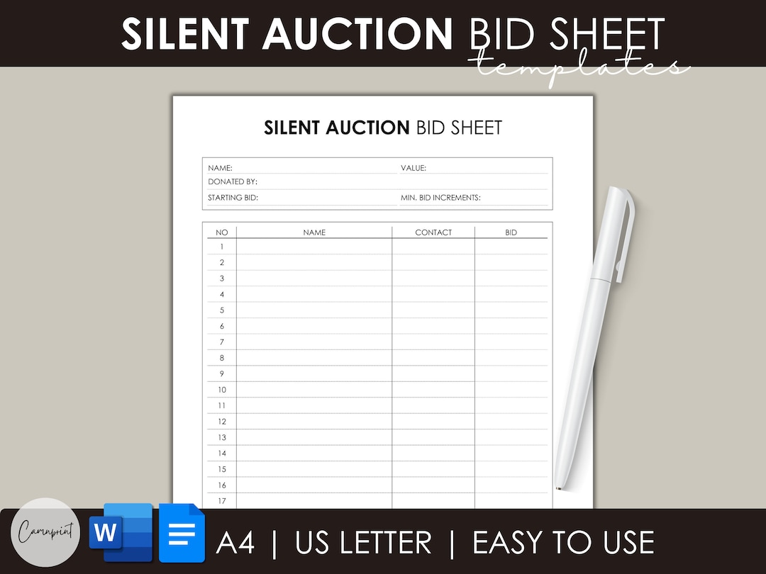 Editable Silent Auction Bid Sheet, Silent Auction Sign up Sheet
