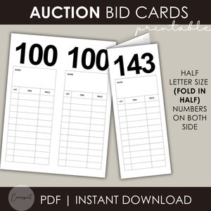 Tarjetas de subasta numeradas imprimibles con notas, subasta imprimible para eventos sin fines de lucro/subastas escolares/caridades y recaudación de fondos en formato PDF