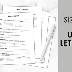 May include: A blank lease agreement form with the title "Lease Agreement" printed at the top. The form includes sections for parties, premises, lease terms, payment terms, additional terms, and acknowledgement.