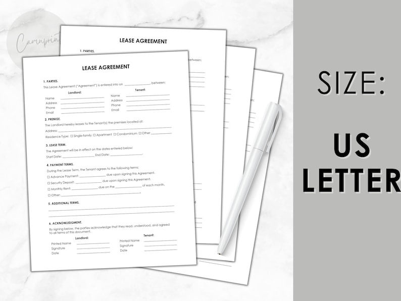May include: A blank lease agreement form with the title "Lease Agreement" printed at the top. The form includes sections for parties, premises, lease terms, payment terms, additional terms, and acknowledgement.