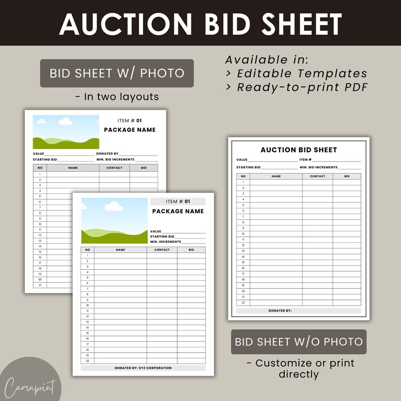 Editable Auction Bundle Item Description Sheet, Auction Bid Sheet ...