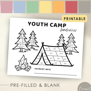May include: Black and white printable youth camp fundraiser with a tent, trees, and a campfire. The printable has spaces to write in dollar amounts for donations.