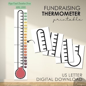 May include: A printable fundraising thermometer template with a goal of 2000. The thermometer is filled with red, orange, and yellow colours. The template is designed to be printed on US Letter size paper.