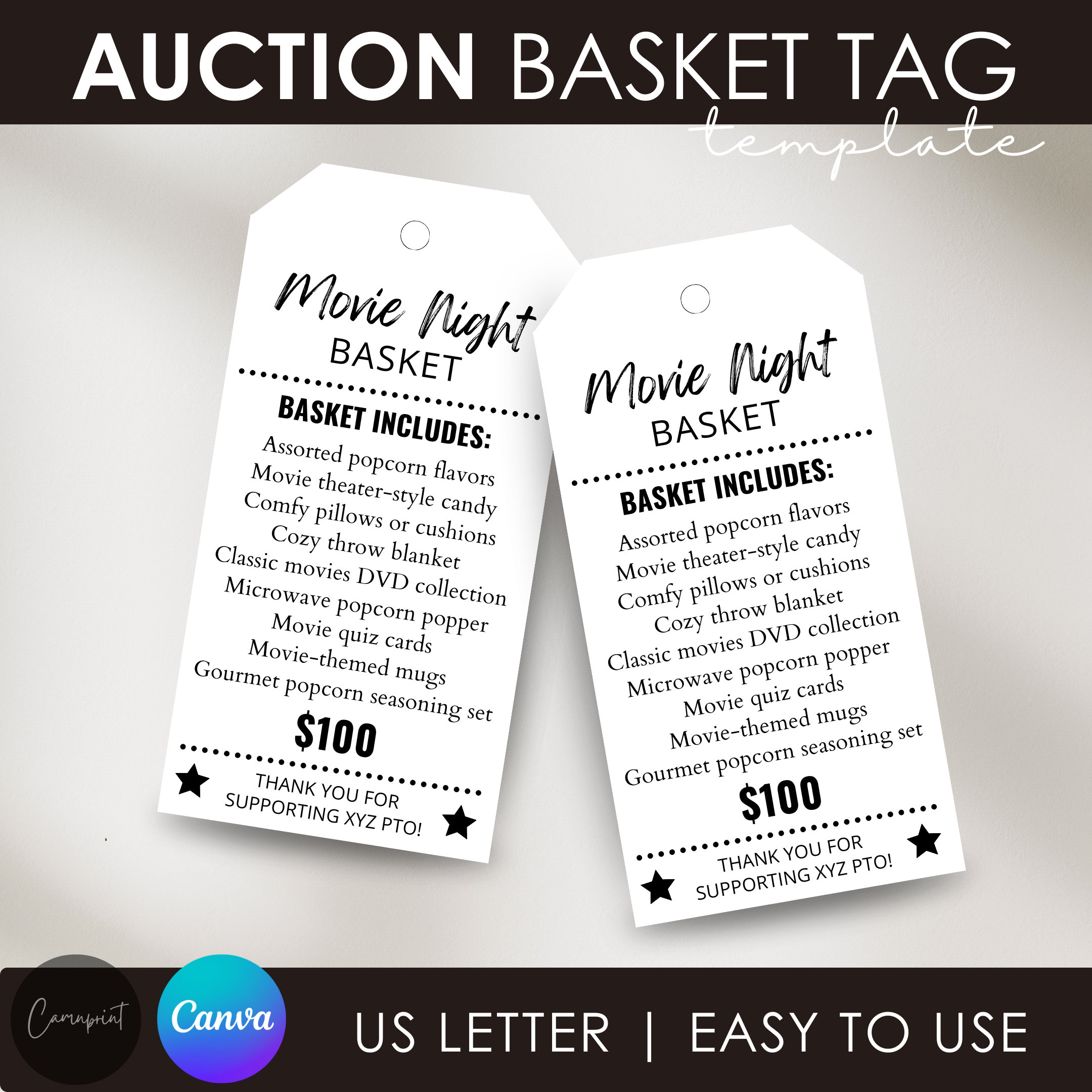 Silent Auction Basket Tags Editable Auction Template for Fundraising ...