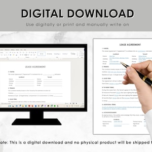 May include: A digital download of a lease agreement template. The template is displayed on a computer screen and includes sections for parties, premises, lease term, payment terms, and additional terms. The text "LEASE AGREEMENT" is at the top of the document.