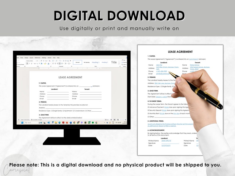May include: A digital download of a lease agreement template. The template is displayed on a computer screen and includes sections for parties, premises, lease term, payment terms, and additional terms. The text "LEASE AGREEMENT" is at the top of the document.