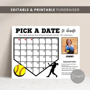 Softball Fundraiser Template, Pick a Date to Donate Calendar Fundraiser, Fill My Softball Editable Fundraiser Form in Canva and Printable