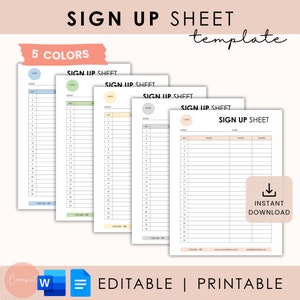 Editable Sign Up Sheet Template, Sign up sheet, Printable Sign up form, Event Sign up, Party Sign up list, Potluck Sign up, Word Google Docs