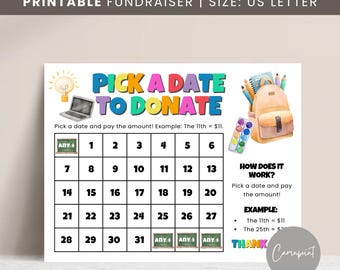 School Fundraiser Pick a Date to Donate Calendar Fundraiser for School Fundraiser, Back to School Fundraiser Pay the Date Printable PDF PTO
