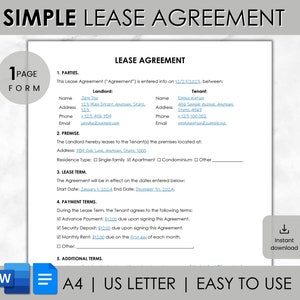 Simple One Page Lease Agreement, Printable Rental Agreement, Editable Landlord Forms, Basic Lease Contract Template, MS Word Google Docs