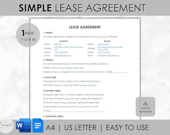 May include: A printable one-page lease agreement form in a white and blue color scheme. The form includes sections for parties, premise, lease term, payment terms, and additional terms. The text "1 PAGE FORM" is in a blue circle at the top left corner of the page. The text "Instant download" is in a blue rectangle at the bottom right corner of the page.