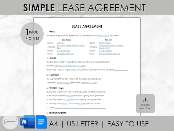 Simple One Page Lease Agreement, Printable Rental Agreement, Editable Landlord Forms, Basic Lease Contract Template, MS Word Google Docs