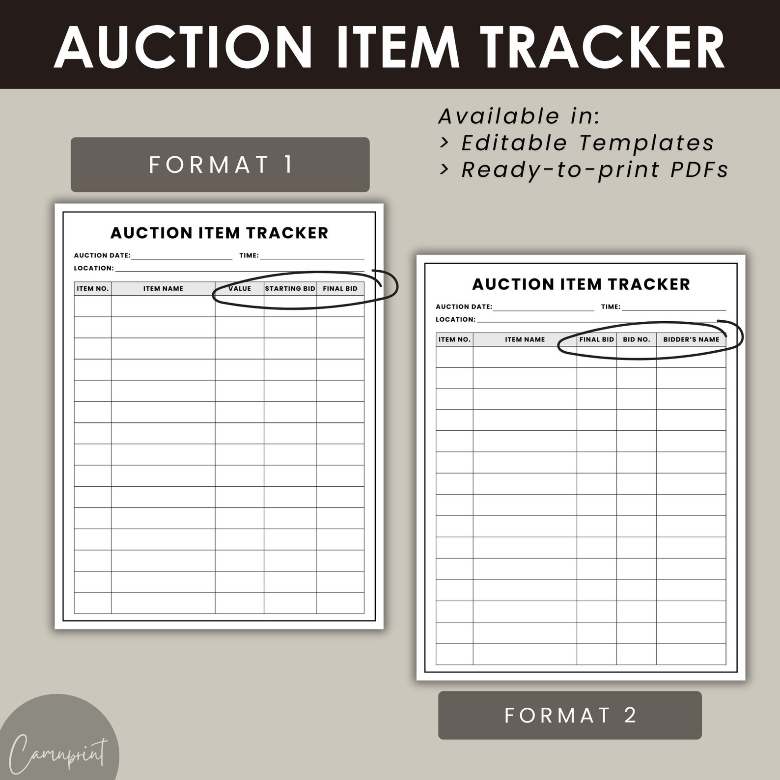 Editable Auction Bundle Item Description Sheet, Auction Bid Sheet ...