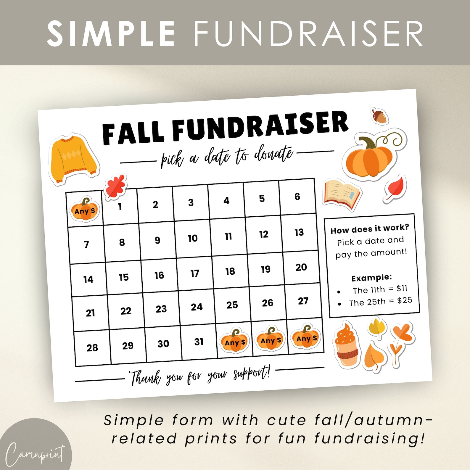 Fall Raffle Poster Fall Fundraiser Pick a Date to Donate Calendar Fundraiser for School ...